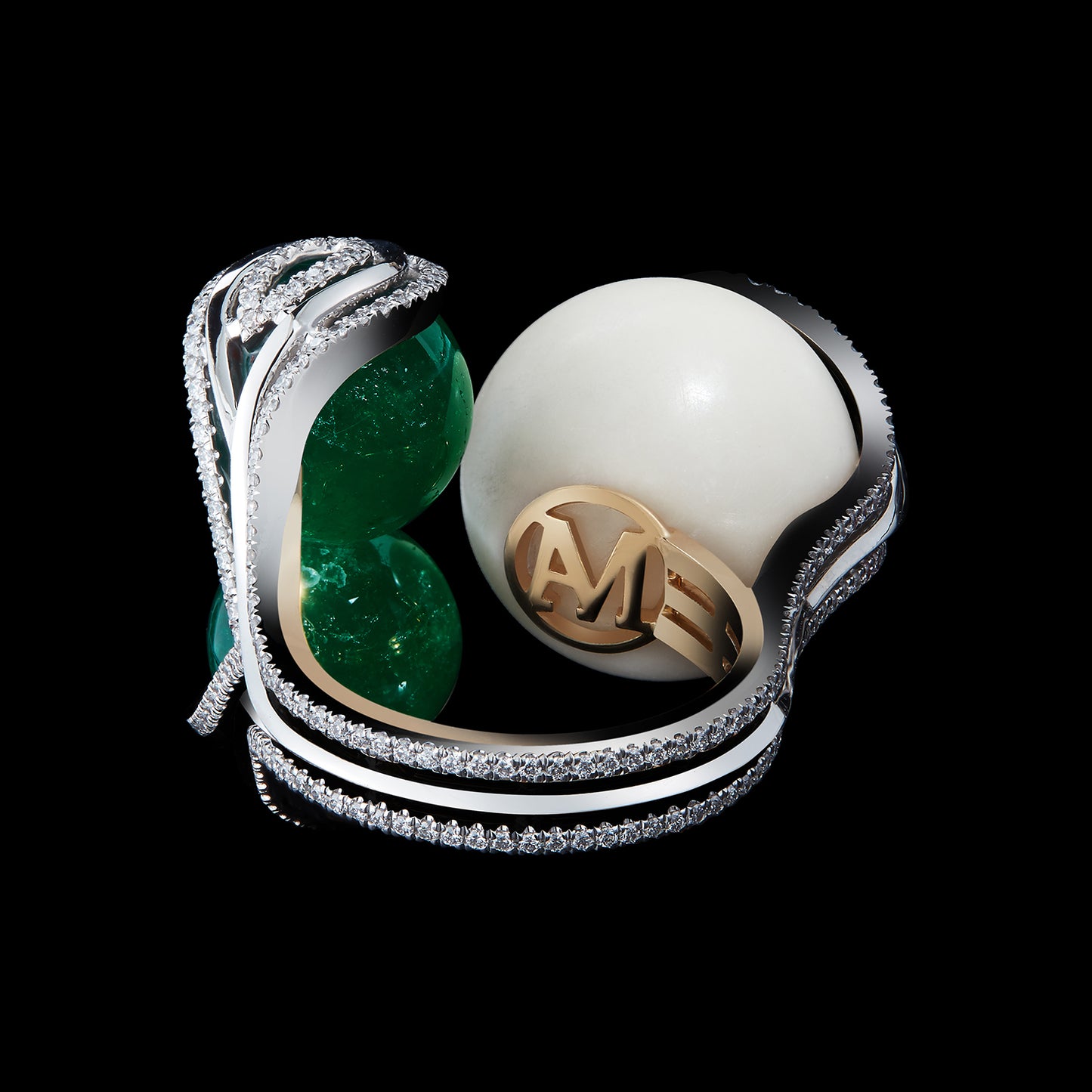 
                  
                    Wild Tagua Seed and Mezu-Mine Emerald Beads & Diamond Sphere Ring
                  
                