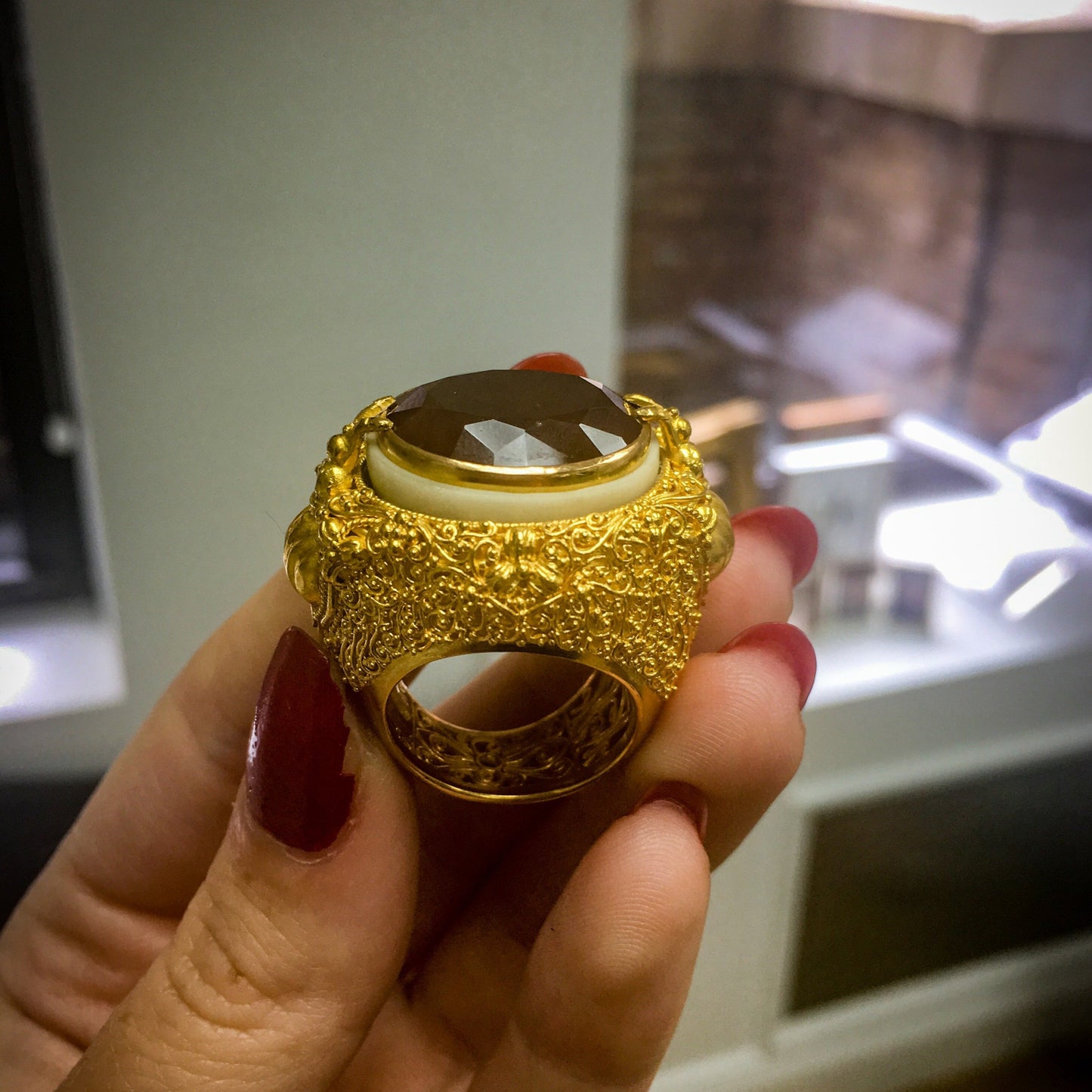 
                  
                    Oval-Cut Red Garnet & Gold Filigree Tagua Seed Ring - Alexandra Mor online
                  
                