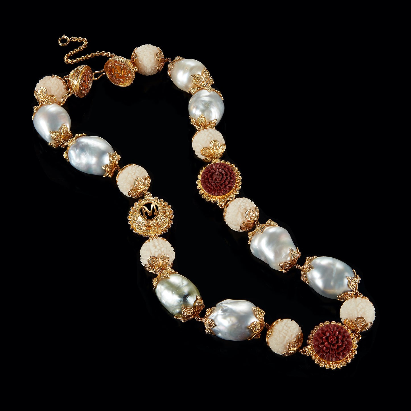 Carved Necklace with Wild- harvested Tagua Seed Rudraksha Beads, Sawo Wood Lotus Flowers & Unique Baroque South Sea Pearls - Alexandra Mor online