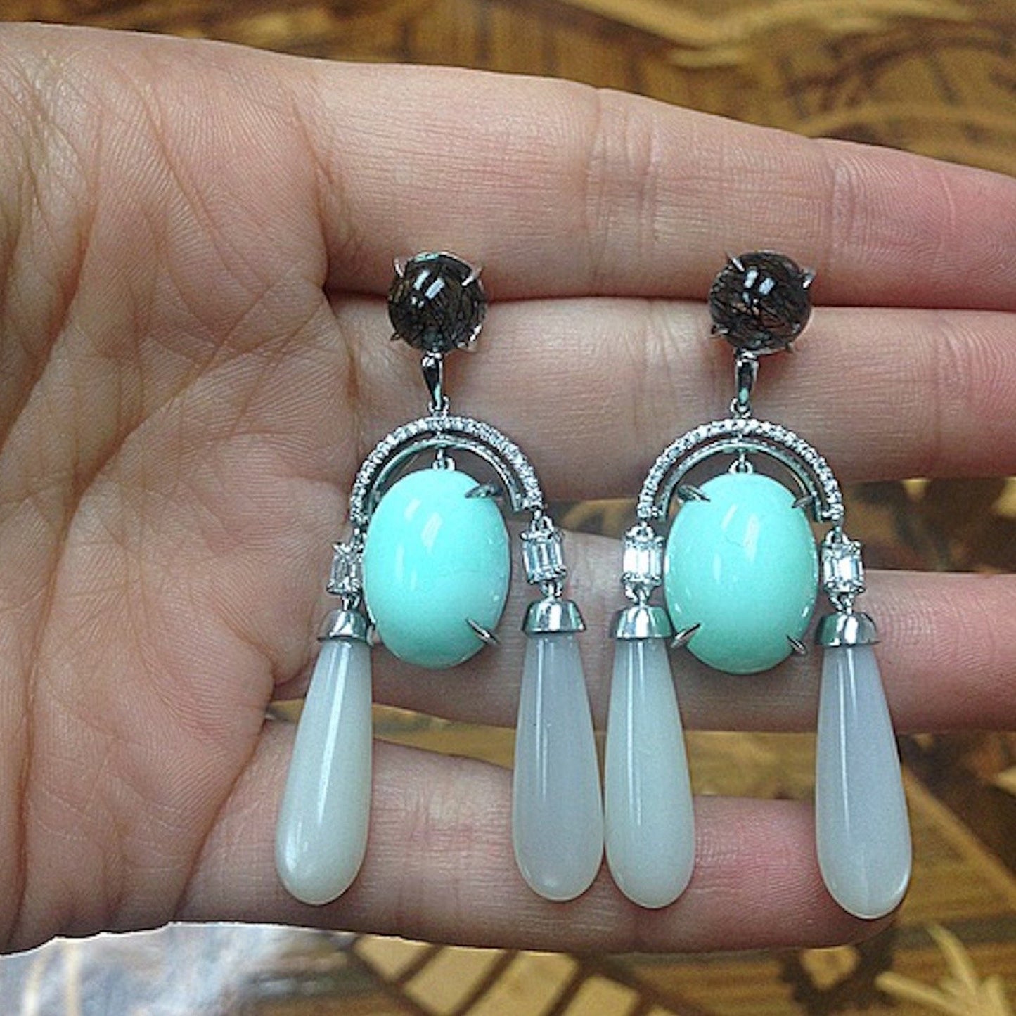 
                  
                    Diamond Arch Earrings with Green Opal Cabochon, Moonstone Drops, & Black Rutilated Quartz - Alexandra Mor online
                  
                
