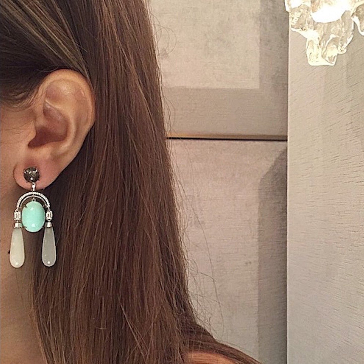 Diamond Arch Earrings with Green Opal Cabochon, Moonstone Drops, & Black Rutilated Quartz - Alexandra Mor online