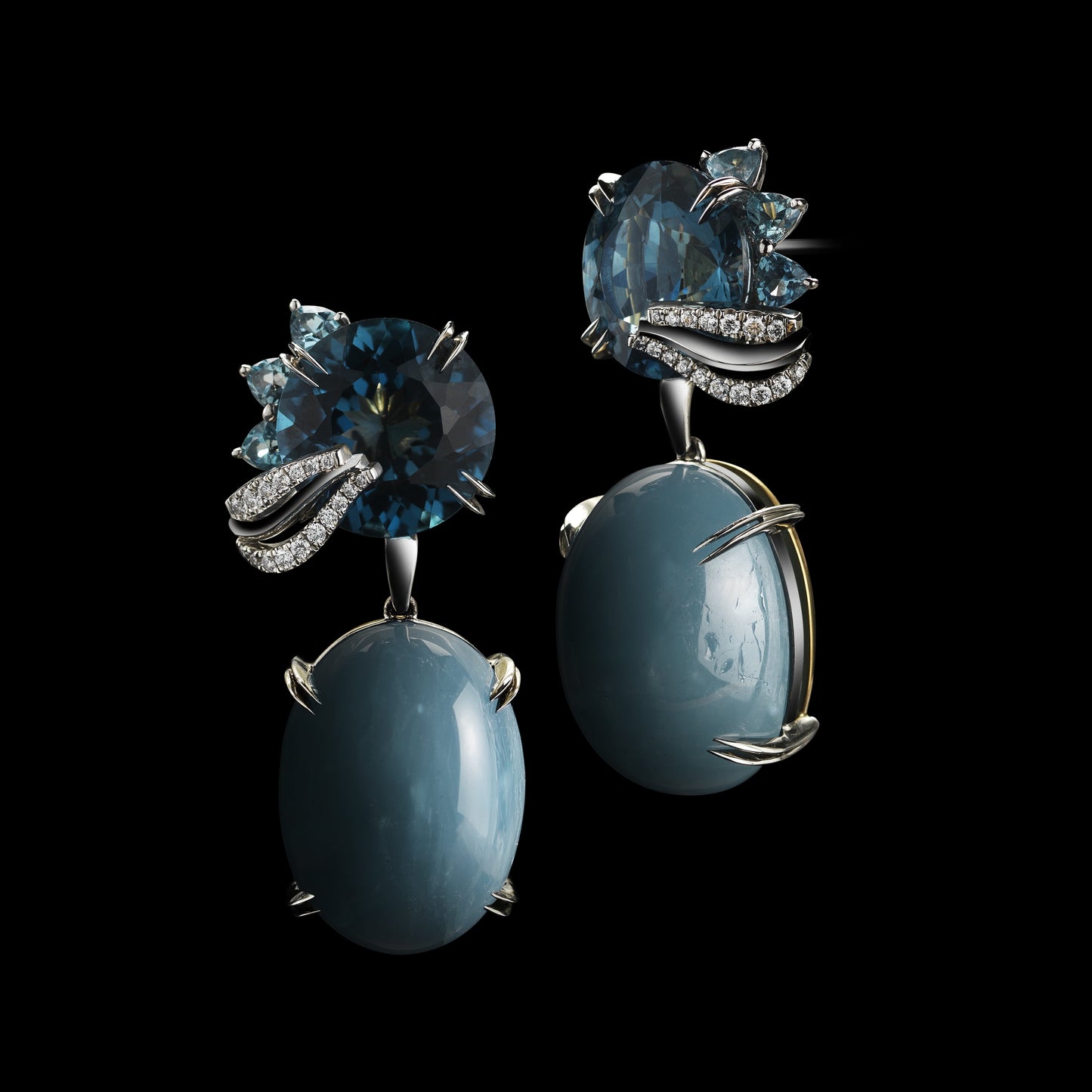 London Blue Topaz & Aquamarine Oval Cabochon Medi-Leaf Earrings - Alexandra Mor online