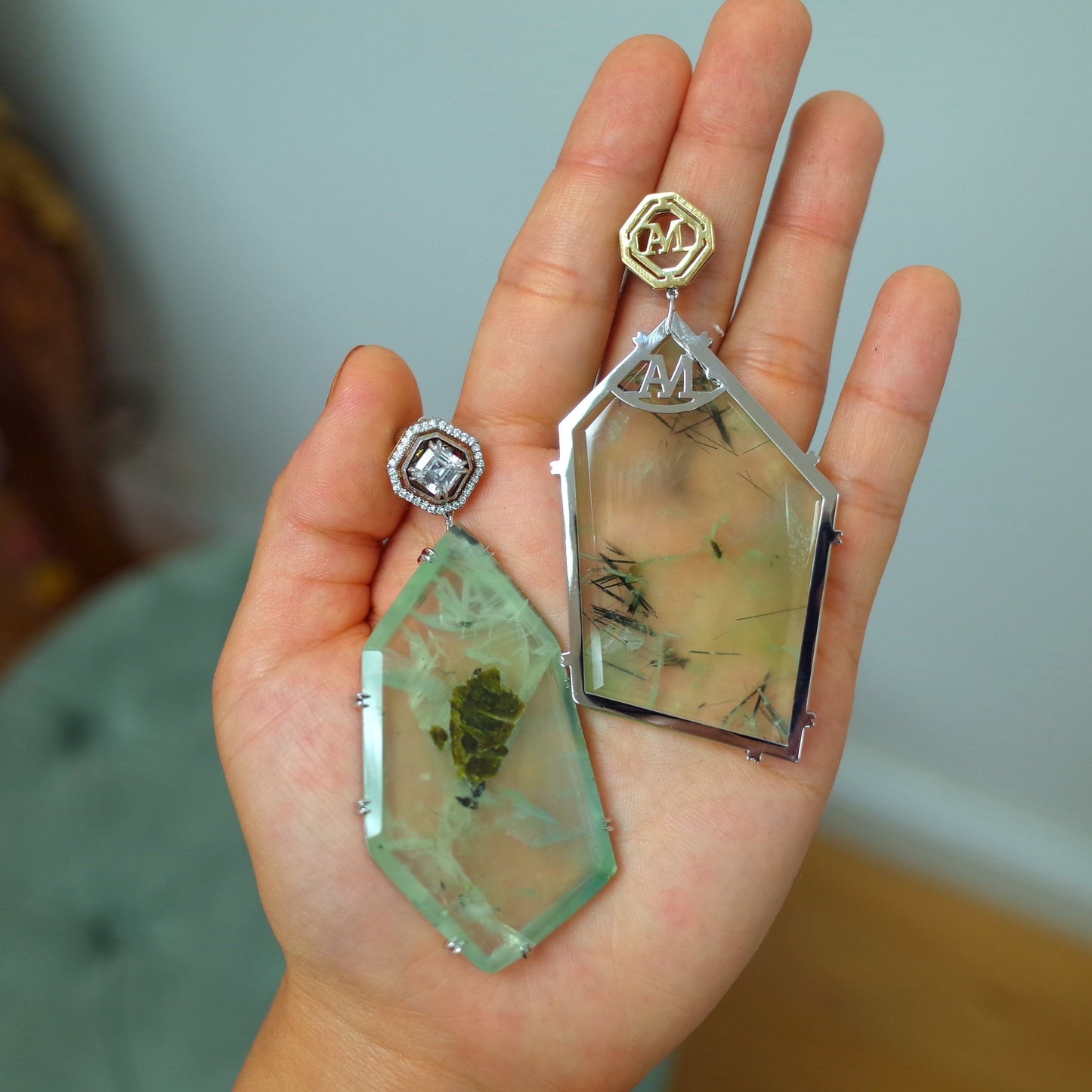 
                  
                    Asscher-Cut Diamond and Prehnite Precious Stone Earrings - Alexandra Mor online
                  
                
