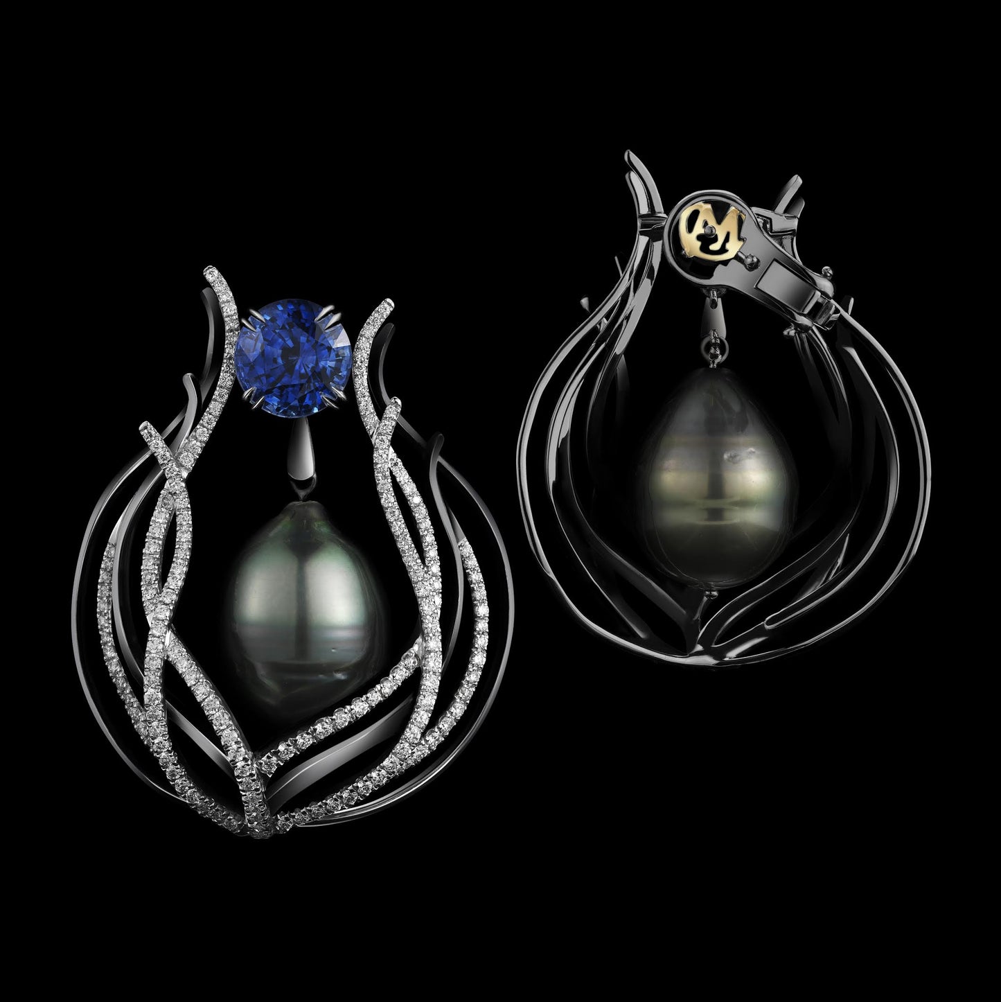 Sapphire & Pearl Curved Earrings - Alexandra Mor online