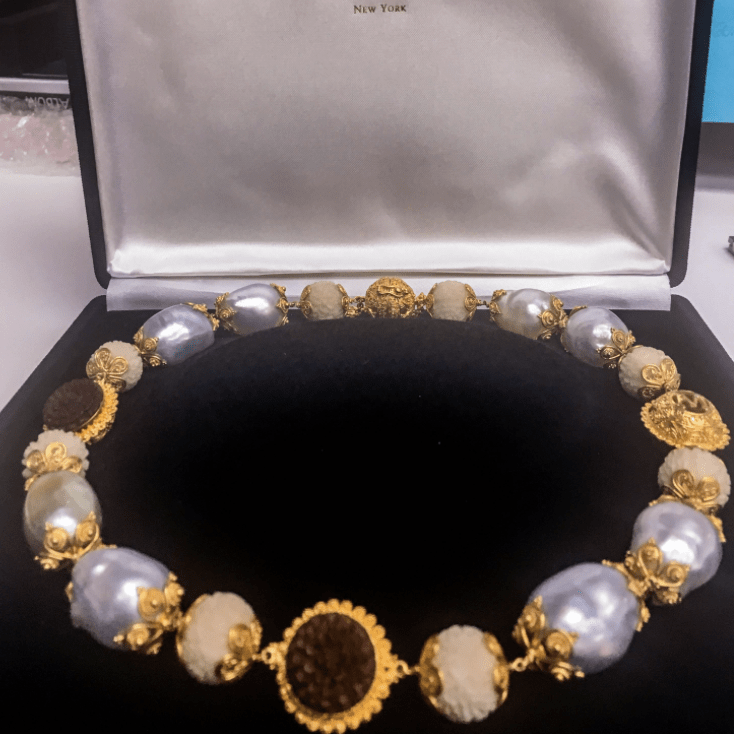 
                  
                    Carved Necklace with Wild- harvested Tagua Seed Rudraksha Beads, Sawo Wood Lotus Flowers & Unique Baroque South Sea Pearls - Alexandra Mor online
                  
                