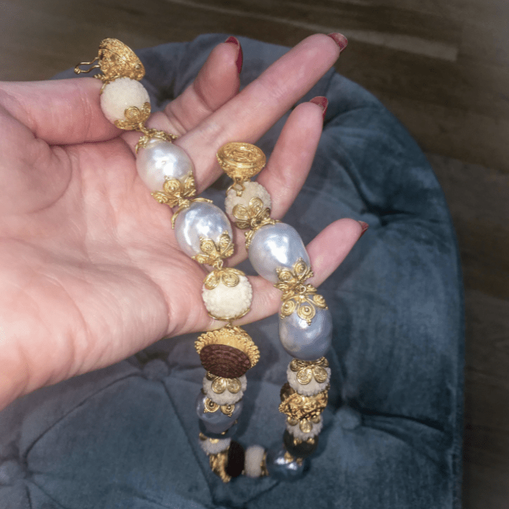 
                  
                    Carved Necklace with Wild- harvested Tagua Seed Rudraksha Beads, Sawo Wood Lotus Flowers & Unique Baroque South Sea Pearls - Alexandra Mor online
                  
                