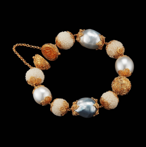 Carved Tagua Rudraksha, Sawo Wood & Baroque Pearl Bracelet - Alexandra Mor online