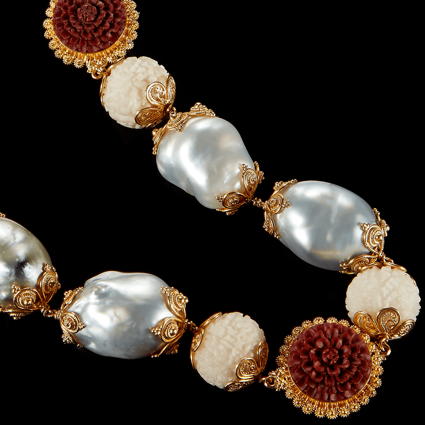 Carved Necklace with Wild- harvested Tagua Seed Rudraksha Beads, Sawo Wood Lotus Flowers & Unique Baroque South Sea Pearls - Alexandra Mor online
