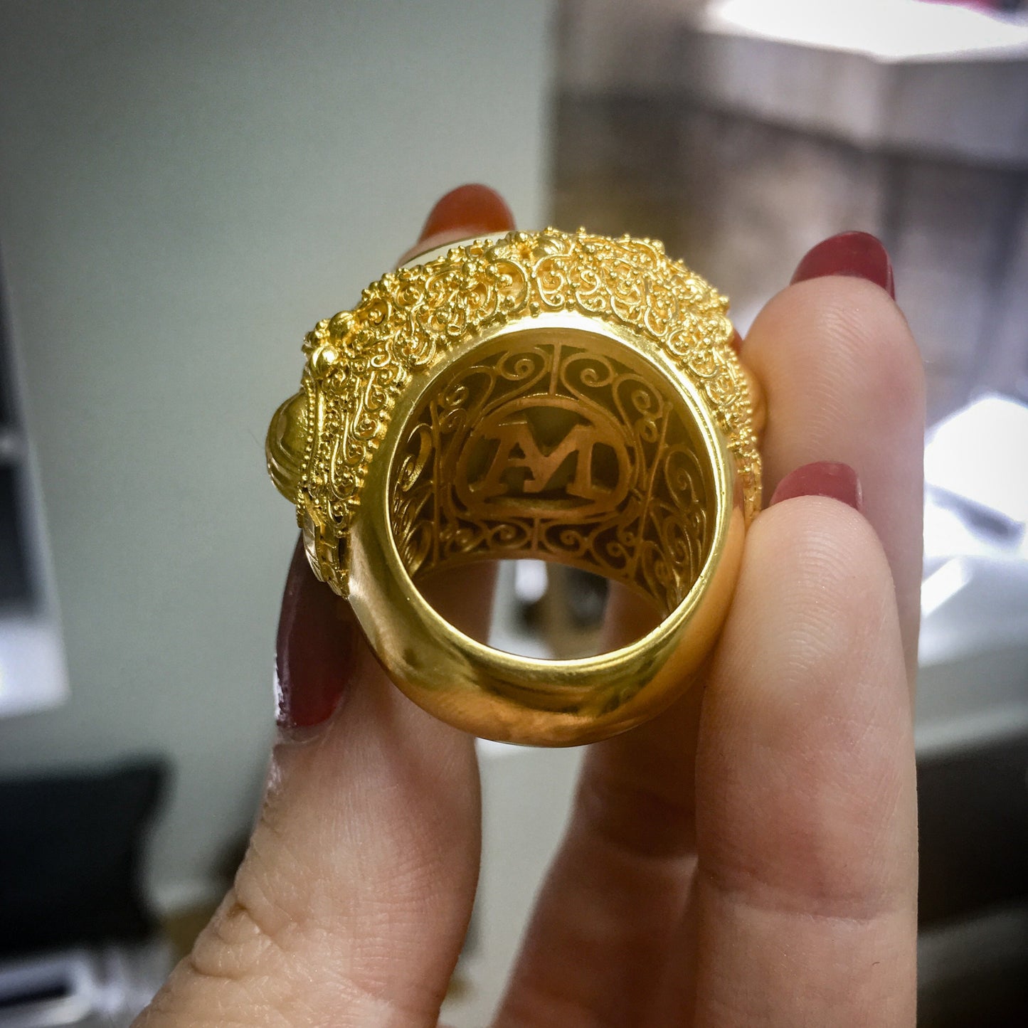 
                  
                    Oval-Cut Red Garnet & Gold Filigree Tagua Seed Ring - Alexandra Mor online
                  
                