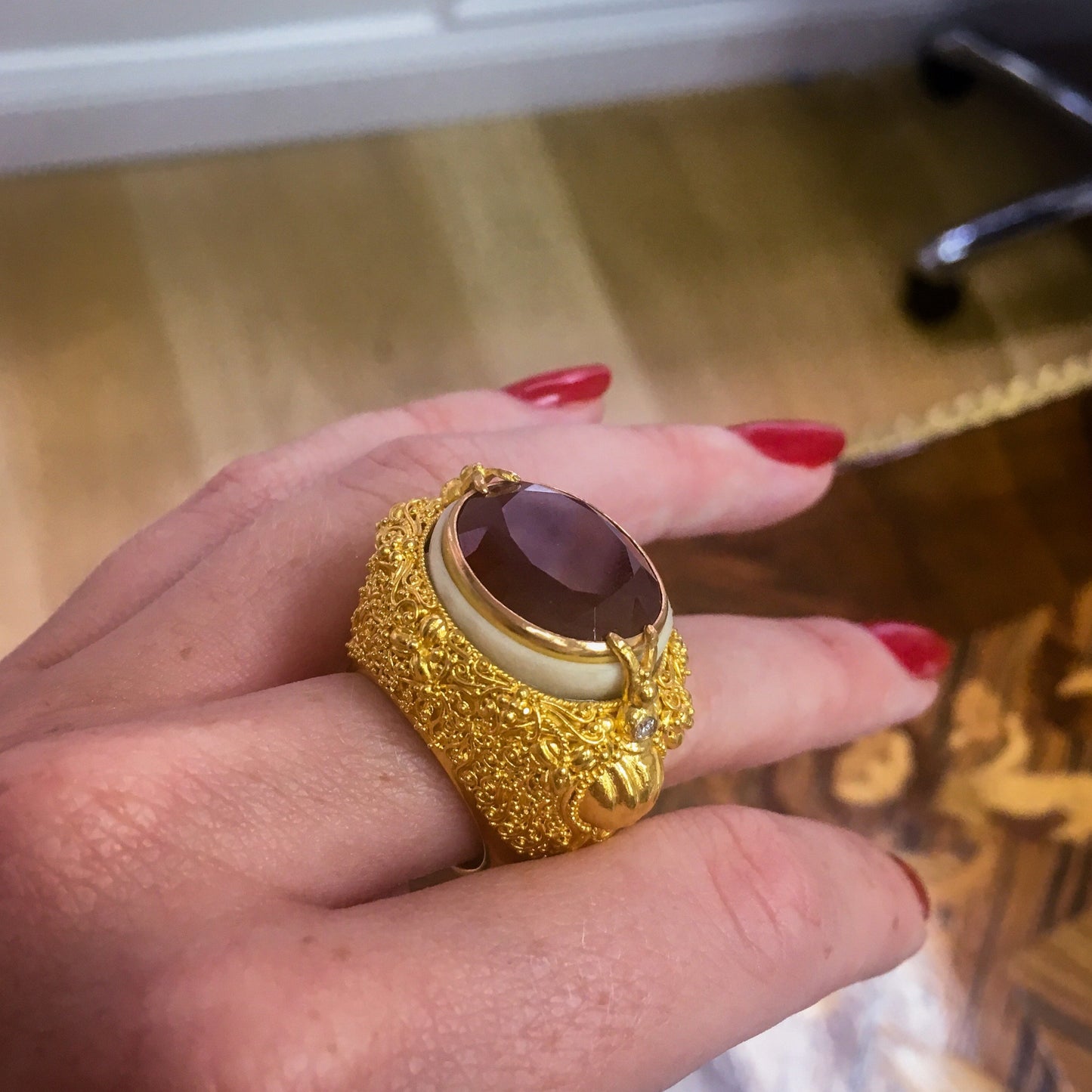 
                  
                    Oval-Cut Red Garnet & Gold Filigree Tagua Seed Ring - Alexandra Mor online
                  
                